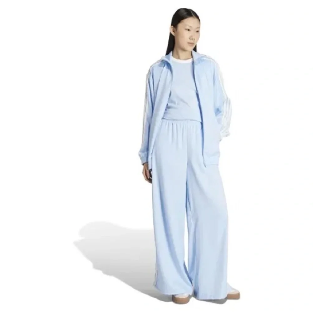 adidas Satin Wide Leg Ruffle 3 Stripes Tracksuit - Clear Sky